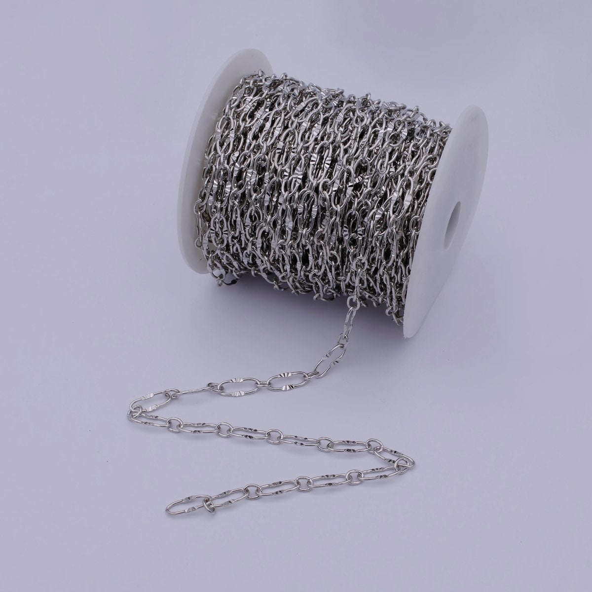 White Gold plated Sunburst Textured Cable Chain, 6.3mm Width, Silver Unfinished Unique Chain For Jewelry Necklace Bracelet Anklet Making | ROLL-589 Clearance Pricing - DLUXCA