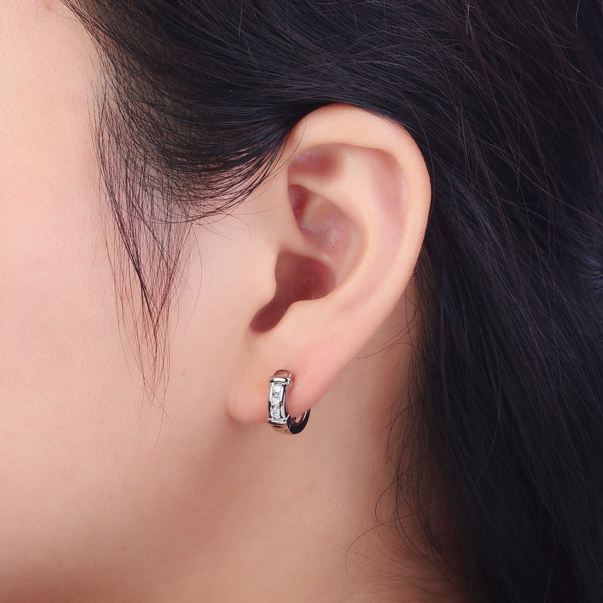 White Gold plated Three Clear Round CZ Lined Bar Silver Huggie Earrings | AB013 - DLUXCA