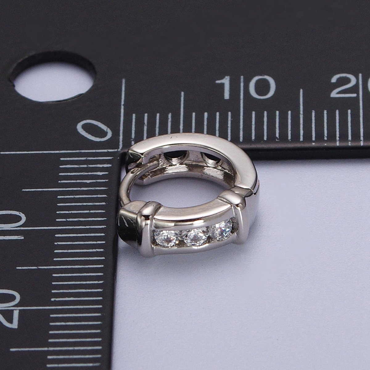 White Gold plated Three Clear Round CZ Lined Bar Silver Huggie Earrings | AB013 - DLUXCA