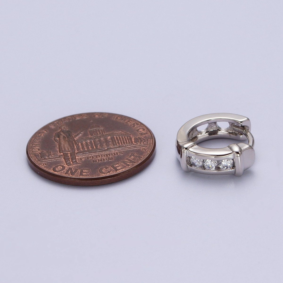 White Gold plated Three Clear Round CZ Lined Bar Silver Huggie Earrings | AB013 - DLUXCA