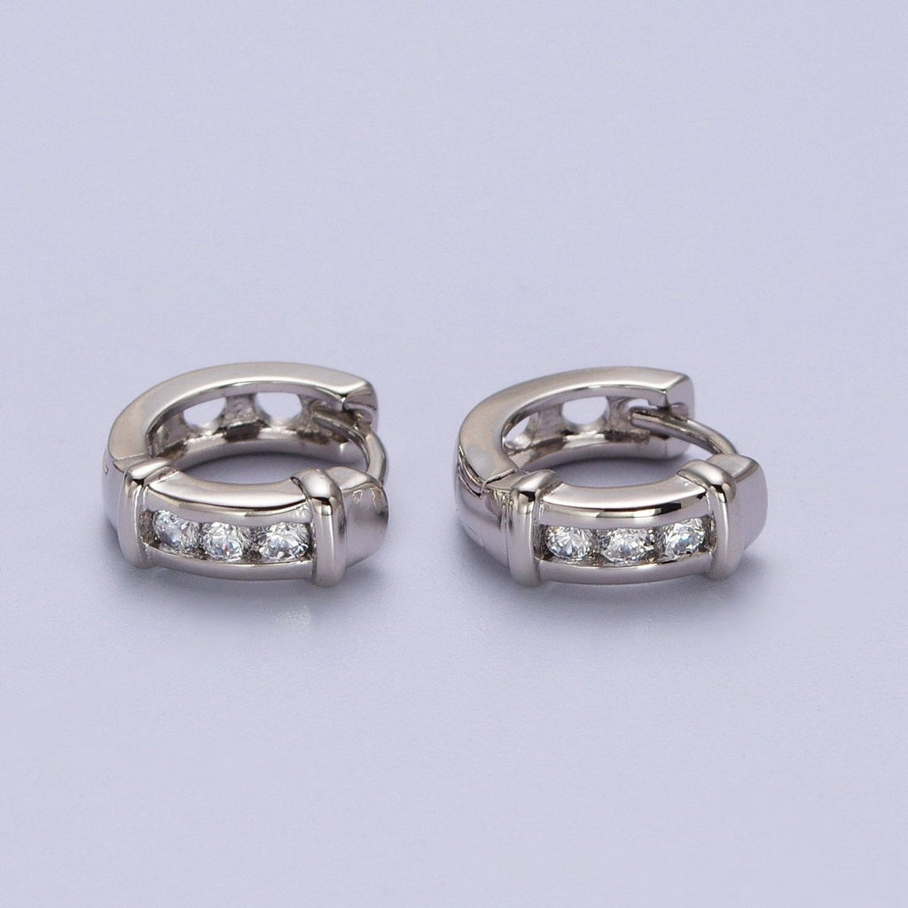 White Gold plated Three Clear Round CZ Lined Bar Silver Huggie Earrings | AB013 - DLUXCA