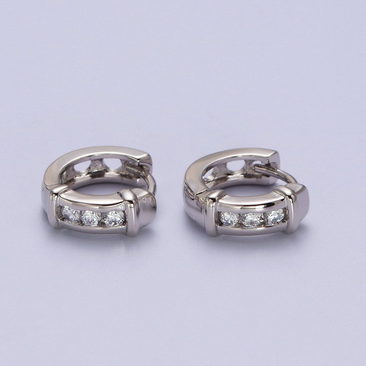 White Gold plated Three Clear Round CZ Lined Bar Silver Huggie Earrings | AB013 - DLUXCA