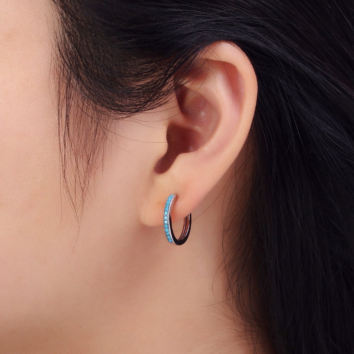 White Gold plated Turquoise Lined 17mm Minimalist Endless Hoop Earrings | AB1052 - DLUXCA