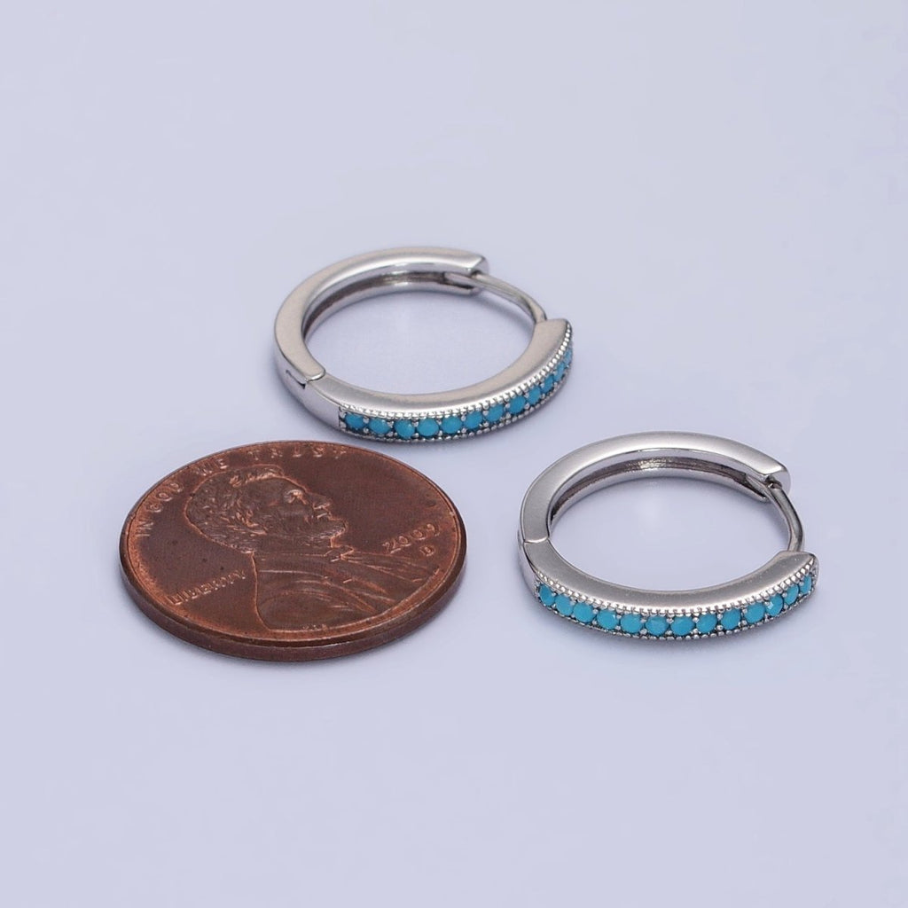 White Gold plated Turquoise Lined 17mm Minimalist Endless Hoop Earrings | AB1052 - DLUXCA