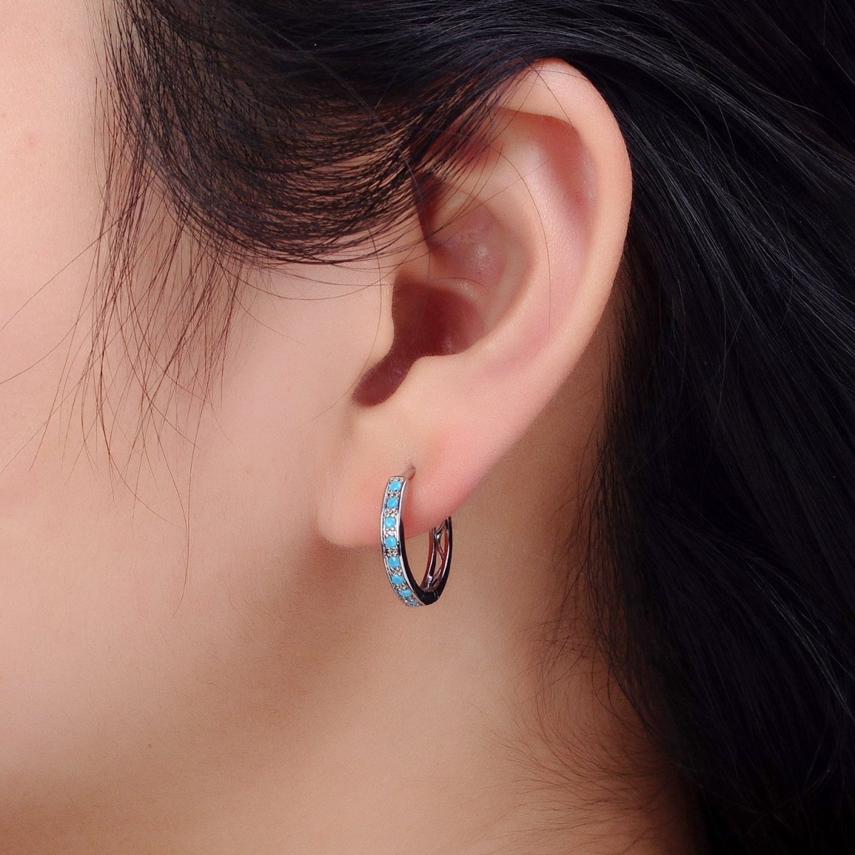 White Gold plated Turquoise Micro Paved 17mm Endless Hoop Earrings | AB1040 - DLUXCA