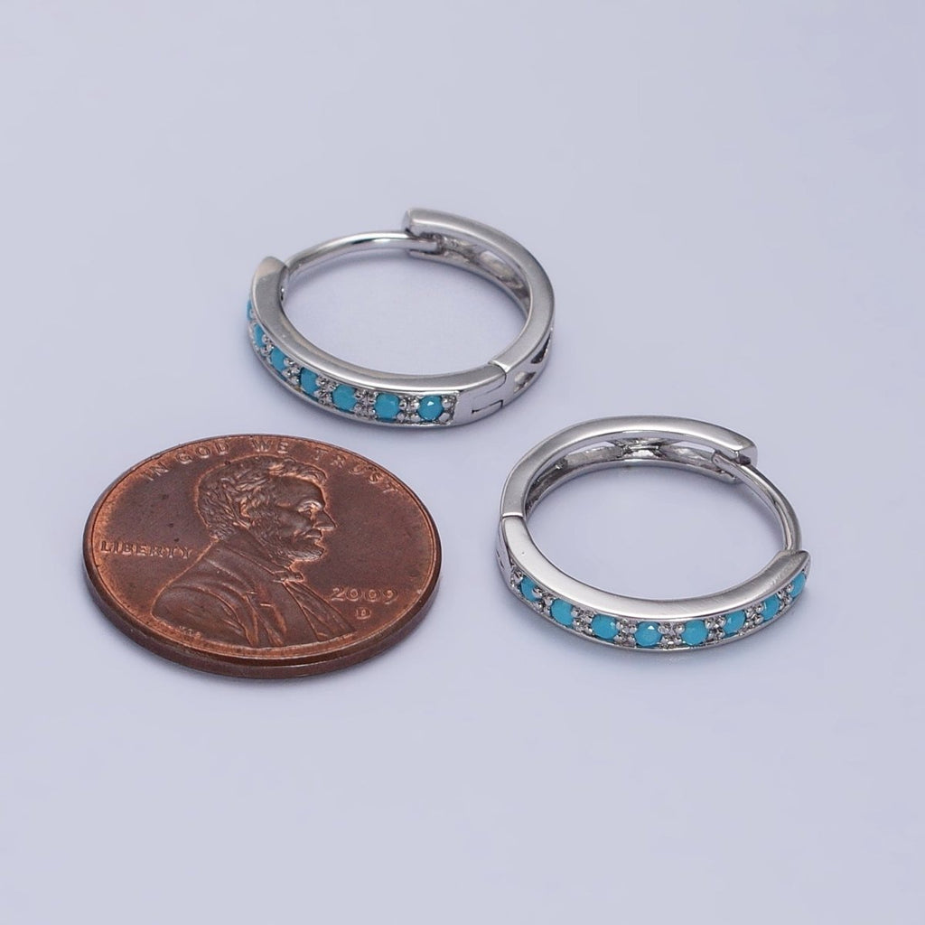 White Gold plated Turquoise Micro Paved 17mm Endless Hoop Earrings | AB1040 - DLUXCA