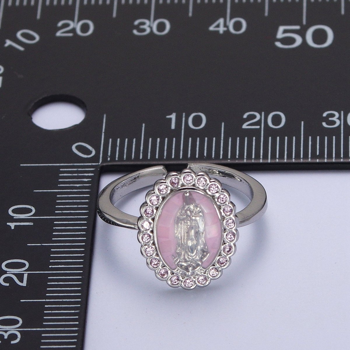 White Gold plated Virgin Mother Mary White, Green, Pink, Blue, Purple Shell Opal Silver Ring | Y-495 ~ Y-499 - DLUXCA