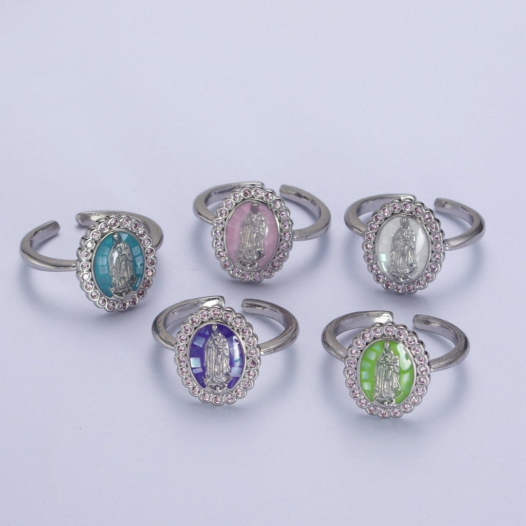 White Gold plated Virgin Mother Mary White, Green, Pink, Blue, Purple Shell Opal Silver Ring | Y-495 ~ Y-499 - DLUXCA