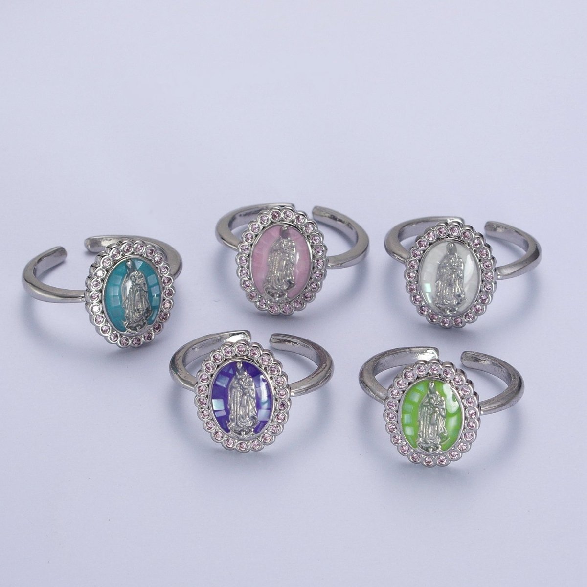 White Gold plated Virgin Mother Mary White, Green, Pink, Blue, Purple Shell Opal Silver Ring | Y-495 ~ Y-499 - DLUXCA