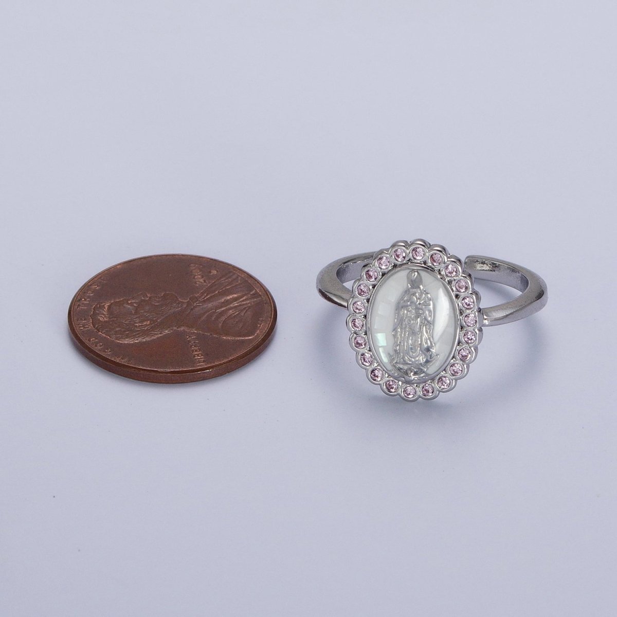White Gold plated Virgin Mother Mary White, Green, Pink, Blue, Purple Shell Opal Silver Ring | Y-495 ~ Y-499 - DLUXCA