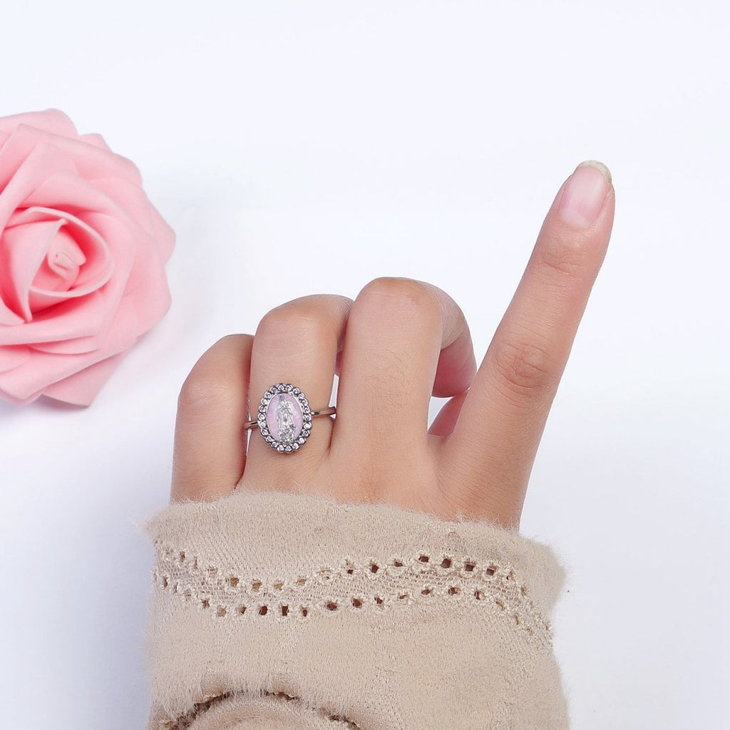 White Gold plated Virgin Mother Mary White, Green, Pink, Blue, Purple Shell Opal Silver Ring | Y-495 ~ Y-499 - DLUXCA