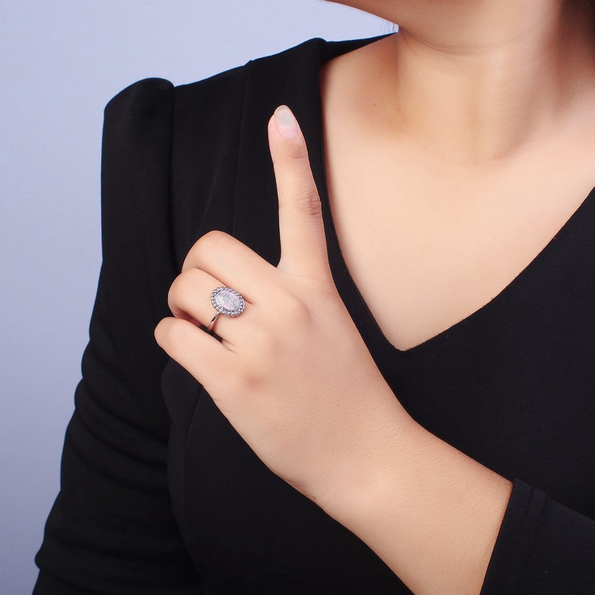 White Gold plated Virgin Mother Mary White, Green, Pink, Blue, Purple Shell Opal Silver Ring | Y-495 ~ Y-499 - DLUXCA