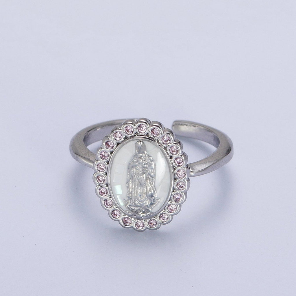 White Gold plated Virgin Mother Mary White, Green, Pink, Blue, Purple Shell Opal Silver Ring | Y-495 ~ Y-499 - DLUXCA