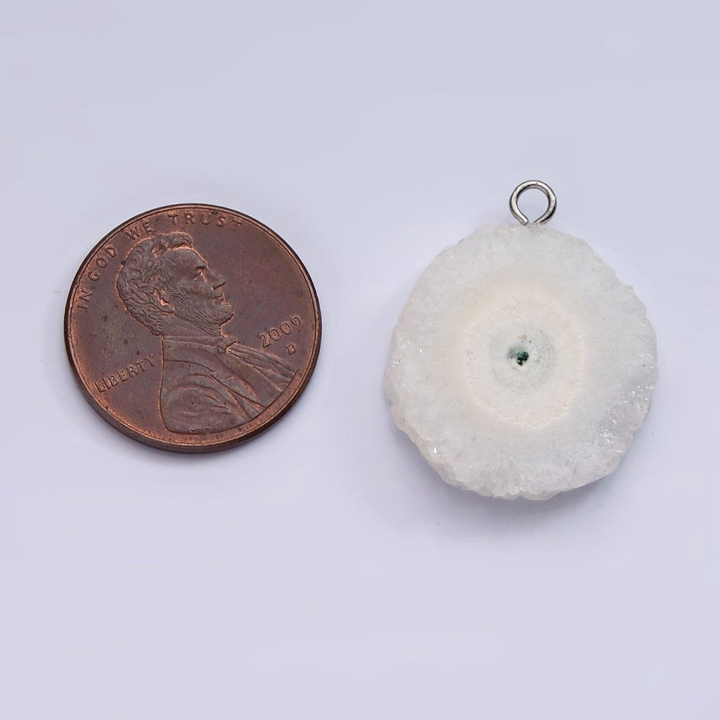 White Gold plated White Clear Quartz Natural Gemstone Round Charm | AC792 - DLUXCA