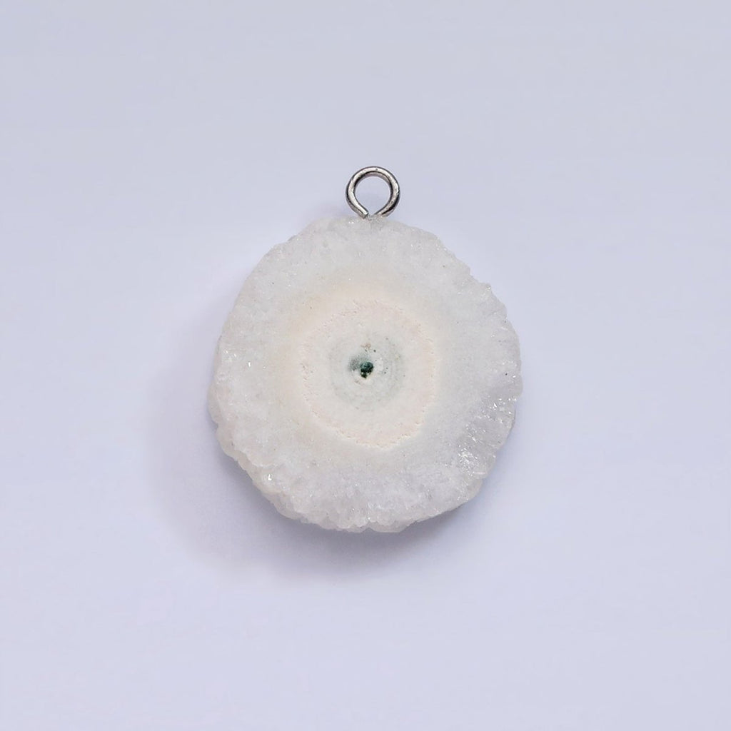 White Gold plated White Clear Quartz Natural Gemstone Round Charm | AC792 - DLUXCA