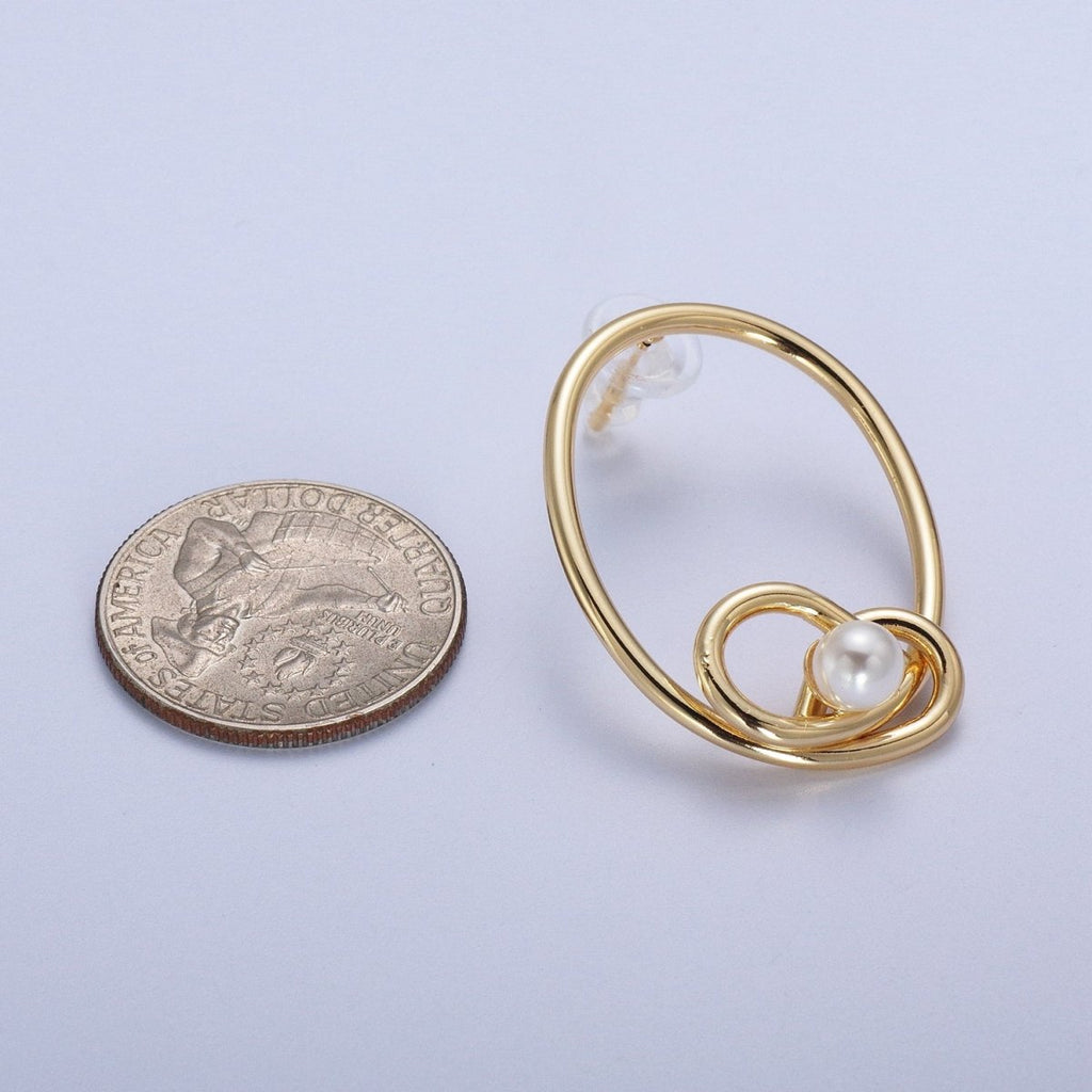 White Pearl Rounded Oval Geometric Bar Gold Stud Statement Earrings | Y-275 - DLUXCA