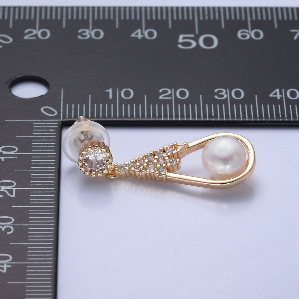 White Pearl Stud Earring with Tear Drop Gold Micro Pave for Wedding Jewelry T-535 - DLUXCA