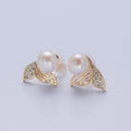 White Pearl with Gold Micro Pave Mermaid Tail Stud Earring V-397 - DLUXCA