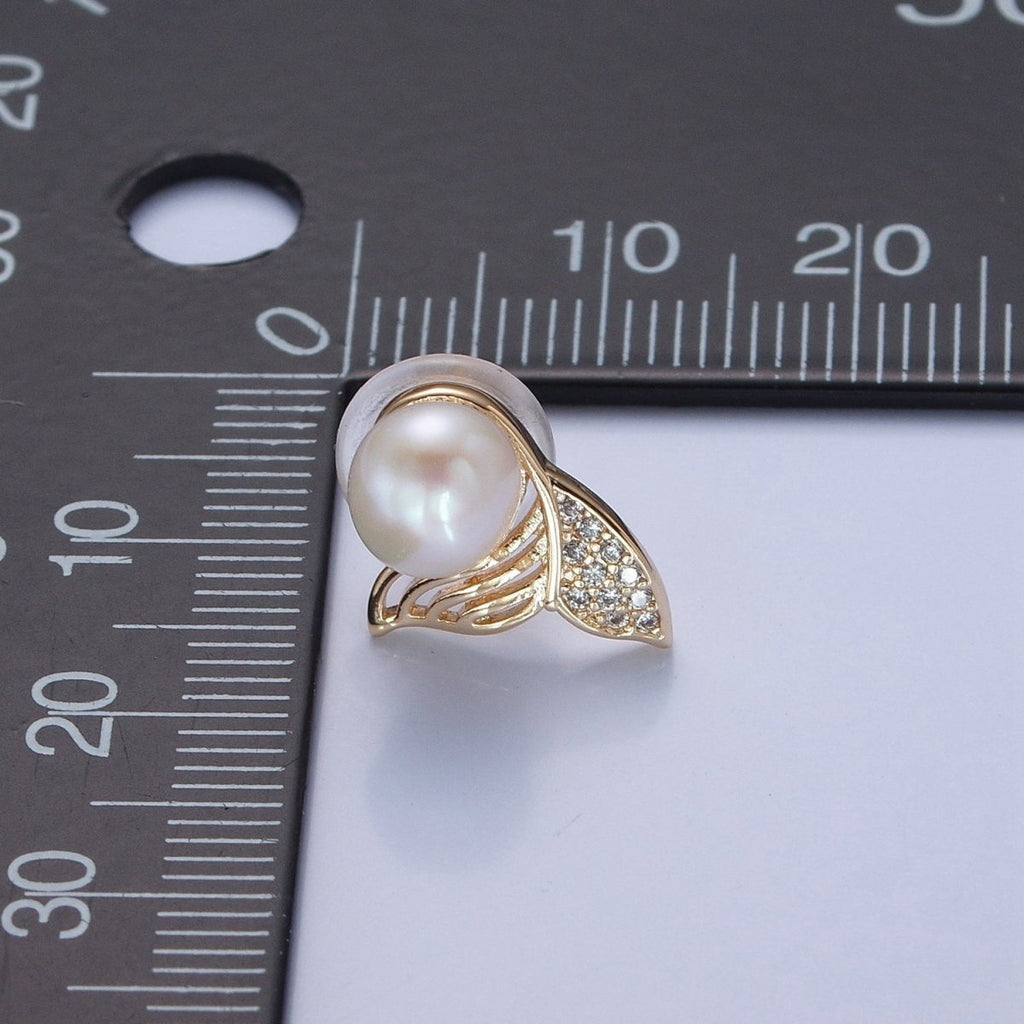 White Pearl with Gold Micro Pave Mermaid Tail Stud Earring V-397 - DLUXCA