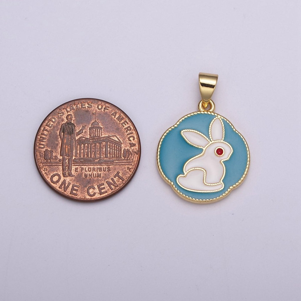 White Rabbit Charm, Hare Charm in Round Coin Disc Charm, Bunny Charm 14k Gold plated N-517 - DLUXCA