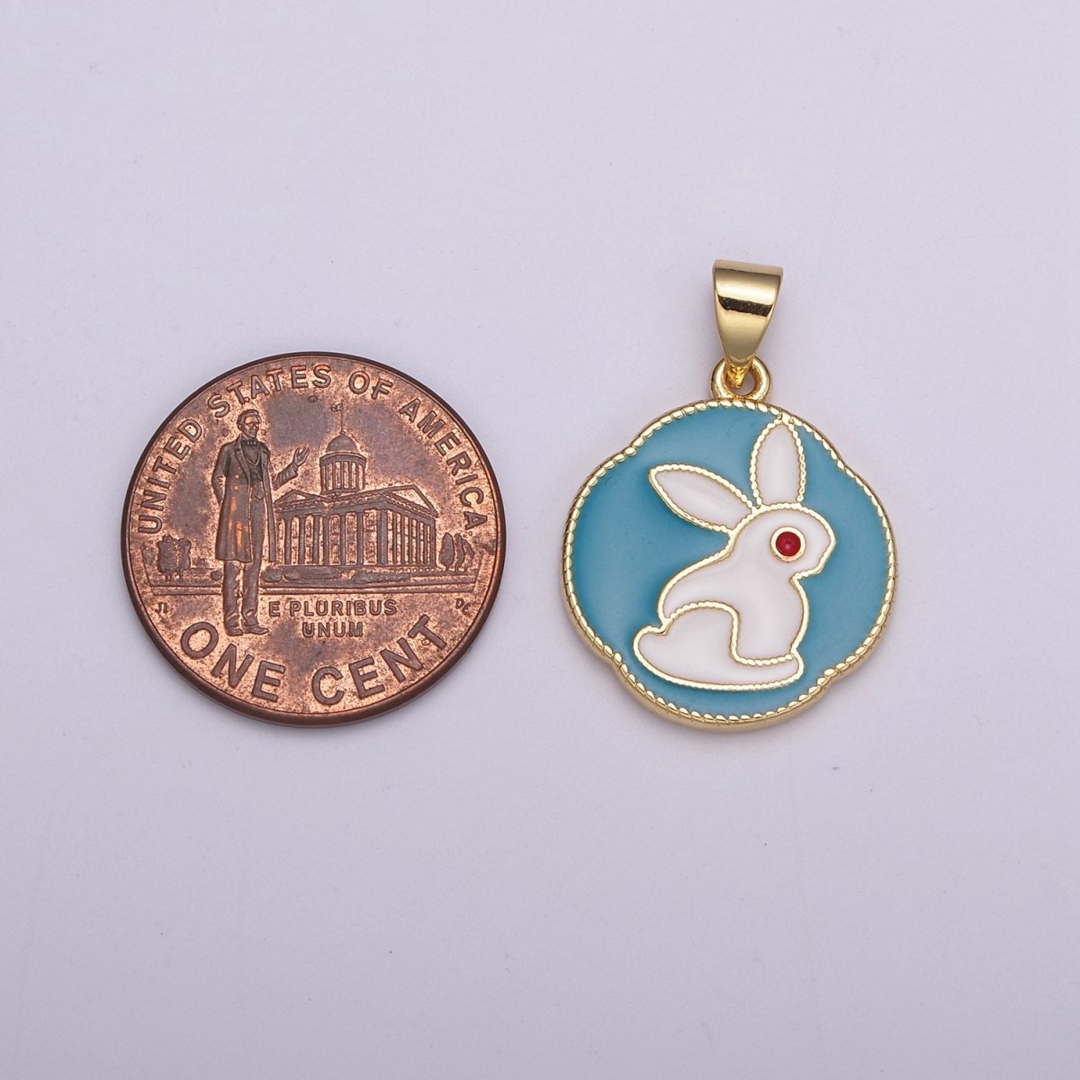 White Rabbit Charm, Hare Charm in Round Coin Disc Charm, Bunny Charm 14k Gold plated N-517 - DLUXCA
