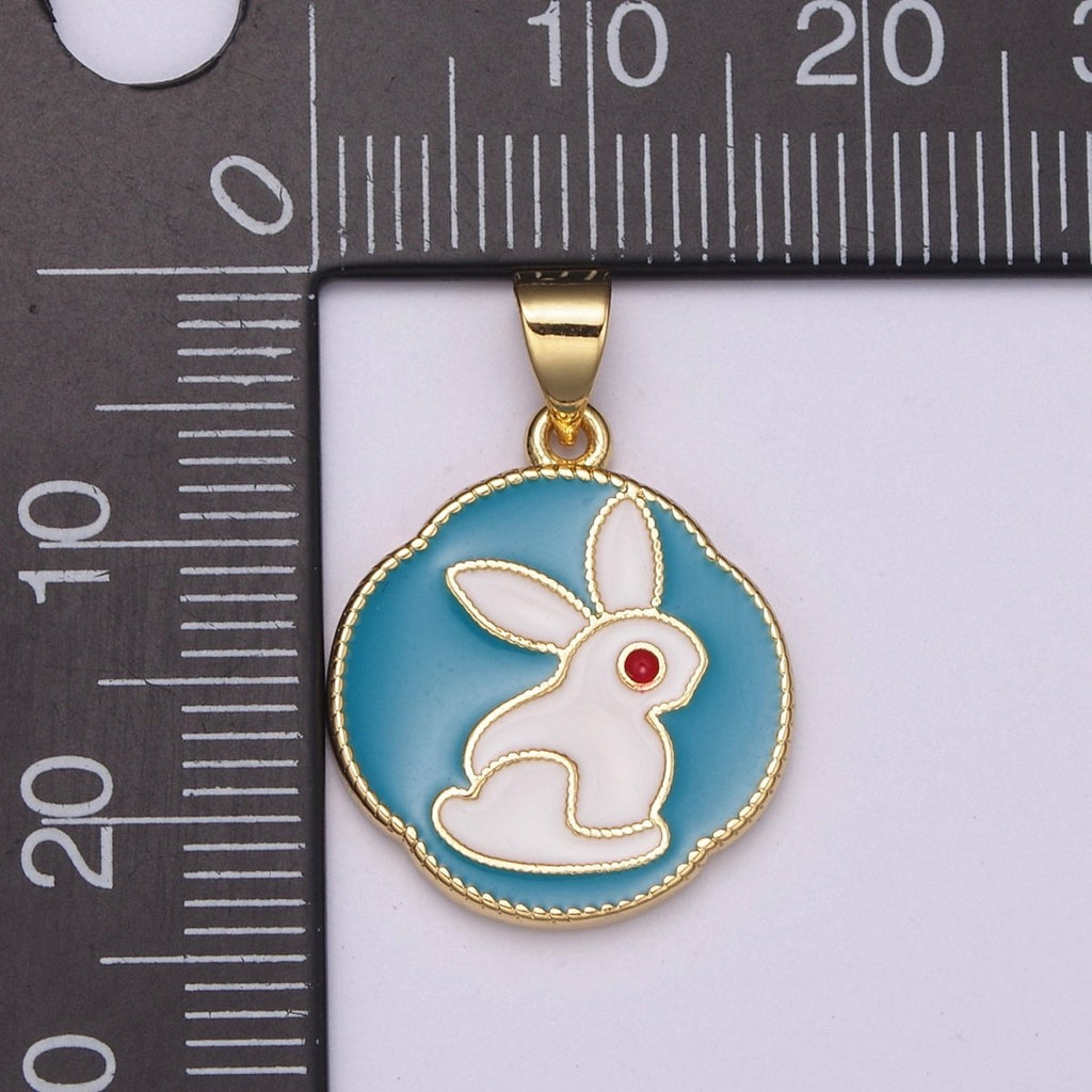 White Rabbit Charm, Hare Charm in Round Coin Disc Charm, Bunny Charm 14k Gold plated N-517 - DLUXCA