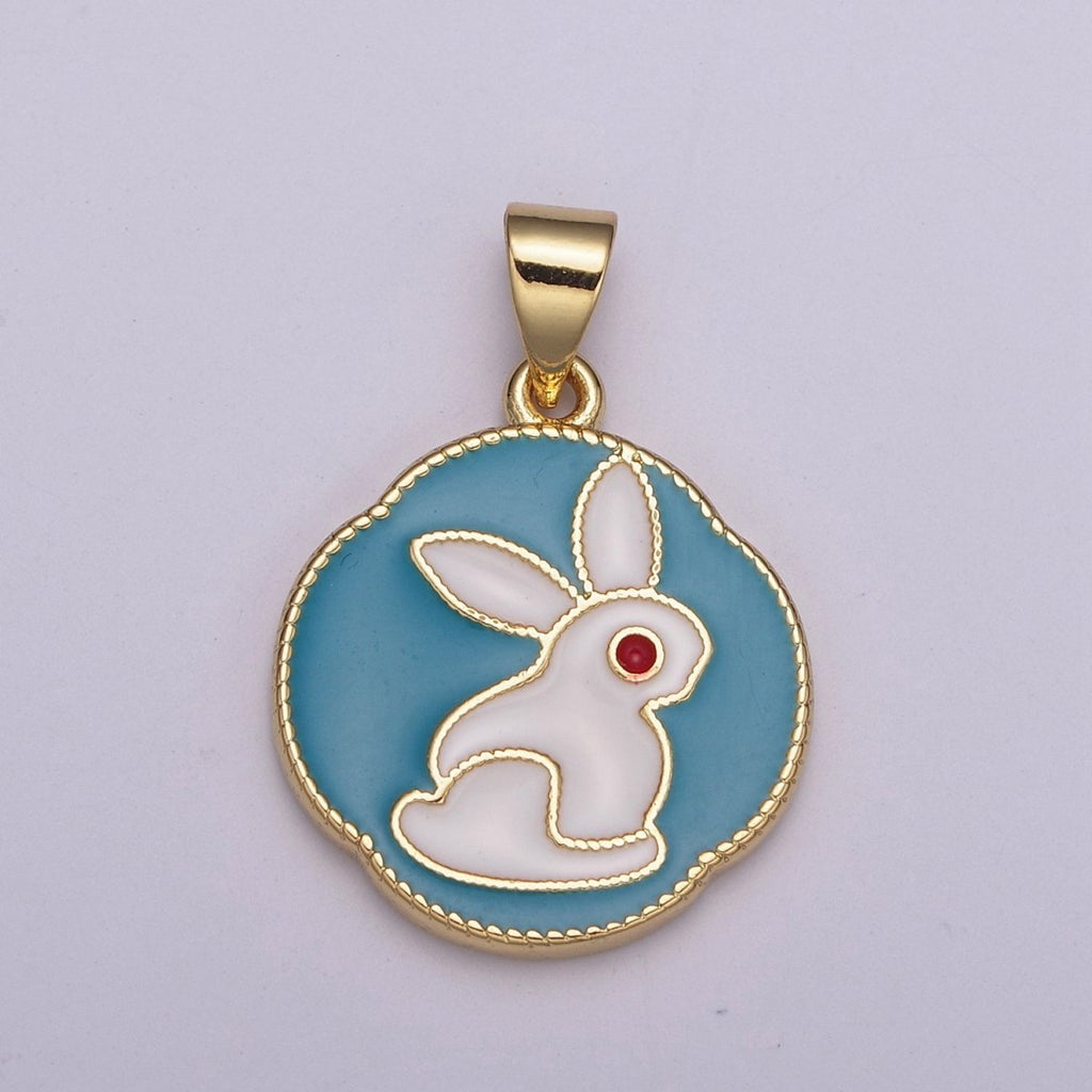 White Rabbit Charm, Hare Charm in Round Coin Disc Charm, Bunny Charm 14k Gold plated N-517 - DLUXCA