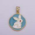 White Rabbit Charm, Hare Charm in Round Coin Disc Charm, Bunny Charm 14k Gold plated N-517 - DLUXCA