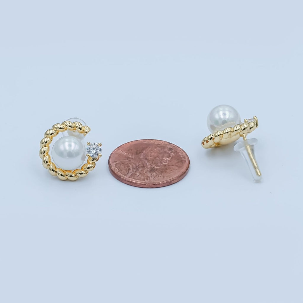 White Shell Pearl CZ Croissant C - Shaped Stud Earrings in Gold & Silver | AD1359 AD1360 