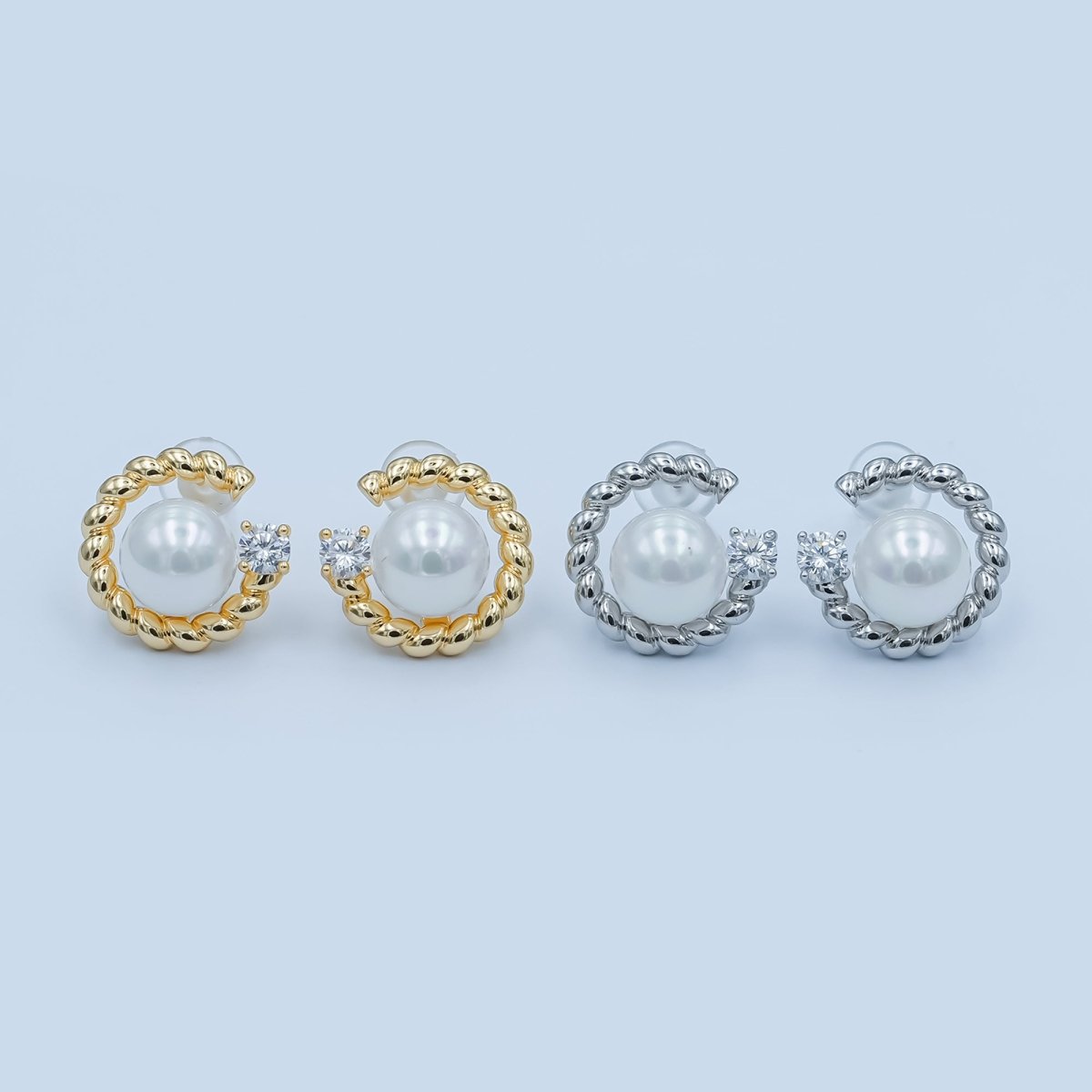 White Shell Pearl CZ Croissant C - Shaped Stud Earrings in Gold & Silver | AD1359 AD1360 