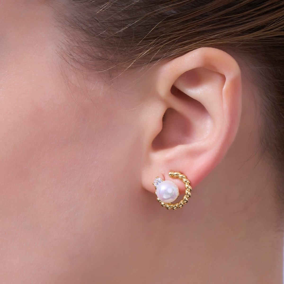 White Shell Pearl CZ Croissant C - Shaped Stud Earrings in Gold & Silver | AD1359 AD1360 