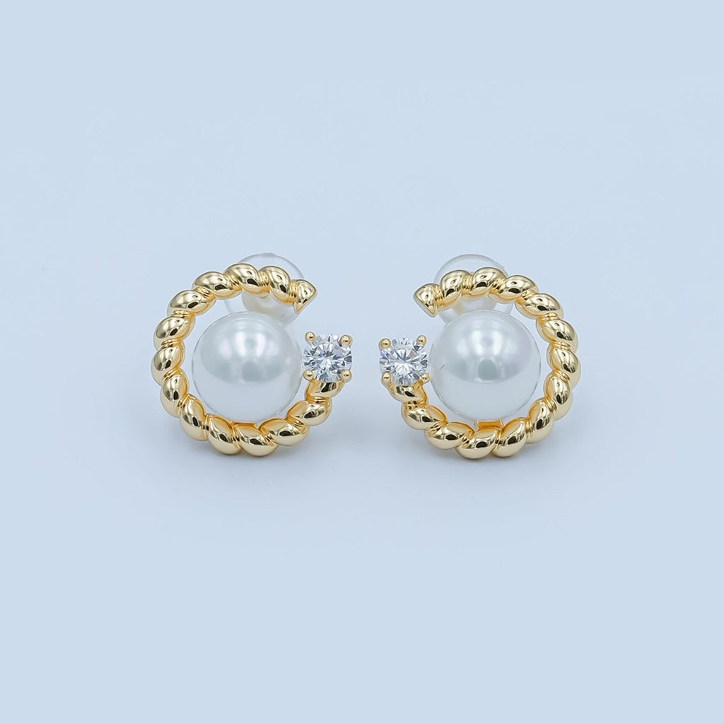 White Shell Pearl CZ Croissant C - Shaped Stud Earrings in Gold & Silver | AD1359 AD1360 