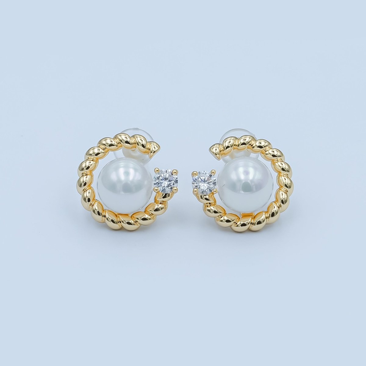 White Shell Pearl CZ Croissant C - Shaped Stud Earrings in Gold & Silver | AD1359 AD1360 