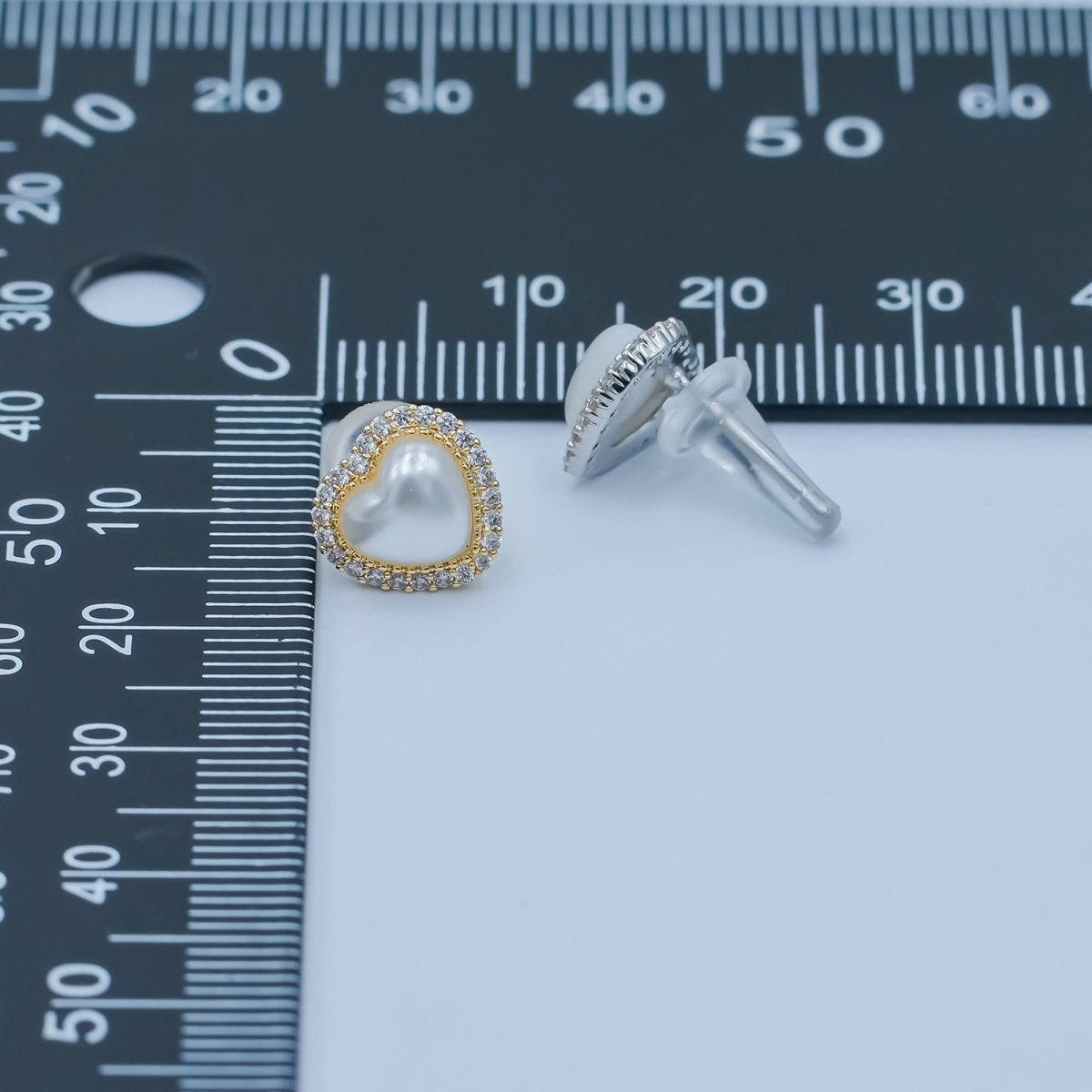 White Shell Pearl Micro Paved CZ Bezel Stud Earrings in Gold & Silver | AE886 AE888 