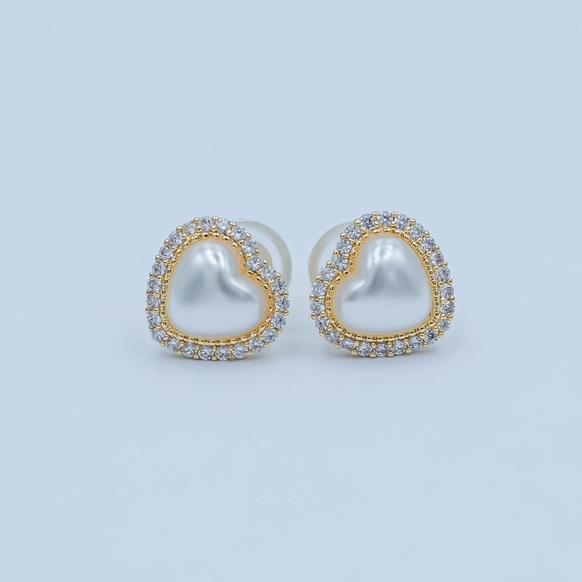 White Shell Pearl Micro Paved CZ Bezel Stud Earrings in Gold & Silver | AE886 AE888 