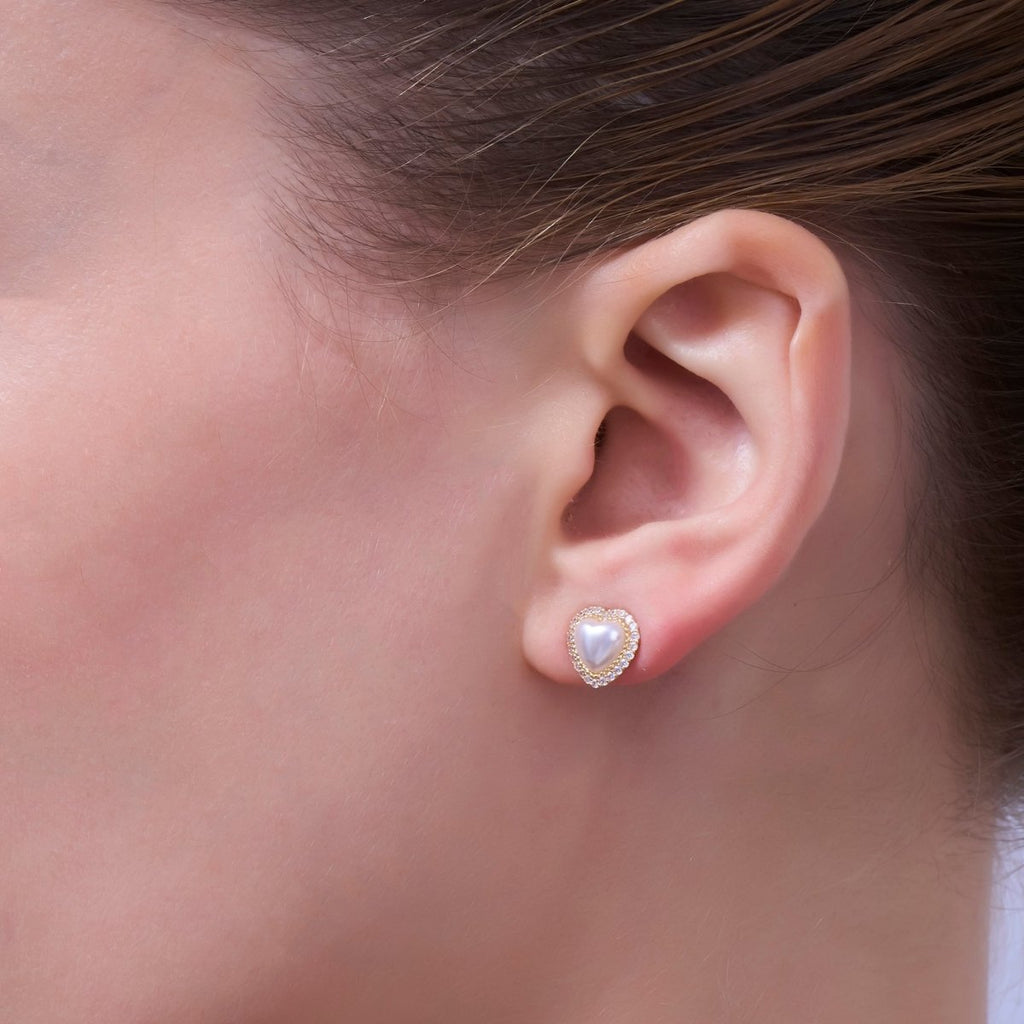 White Shell Pearl Micro Paved CZ Bezel Stud Earrings in Gold & Silver | AE886 AE888 