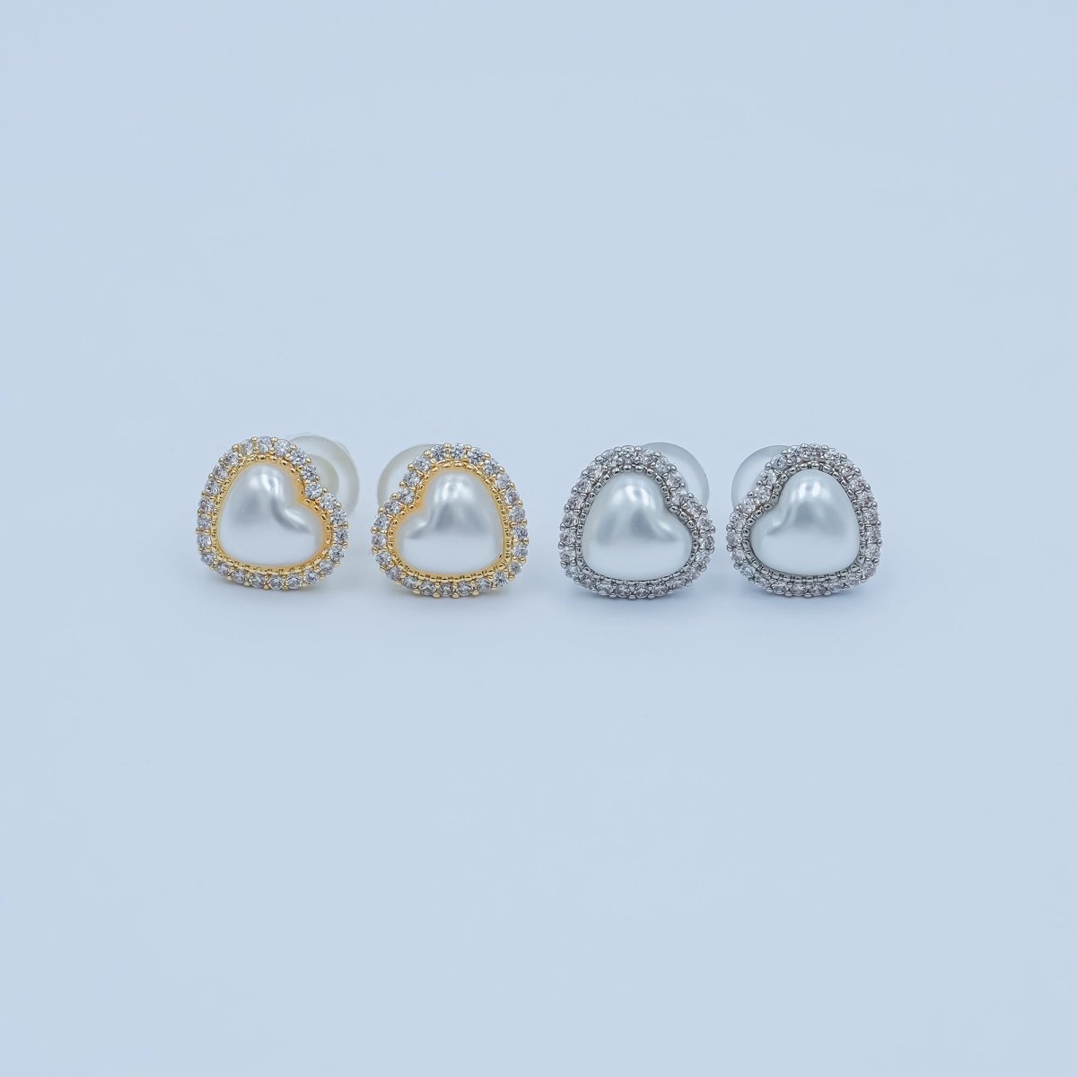White Shell Pearl Micro Paved CZ Bezel Stud Earrings in Gold & Silver | AE886 AE888 