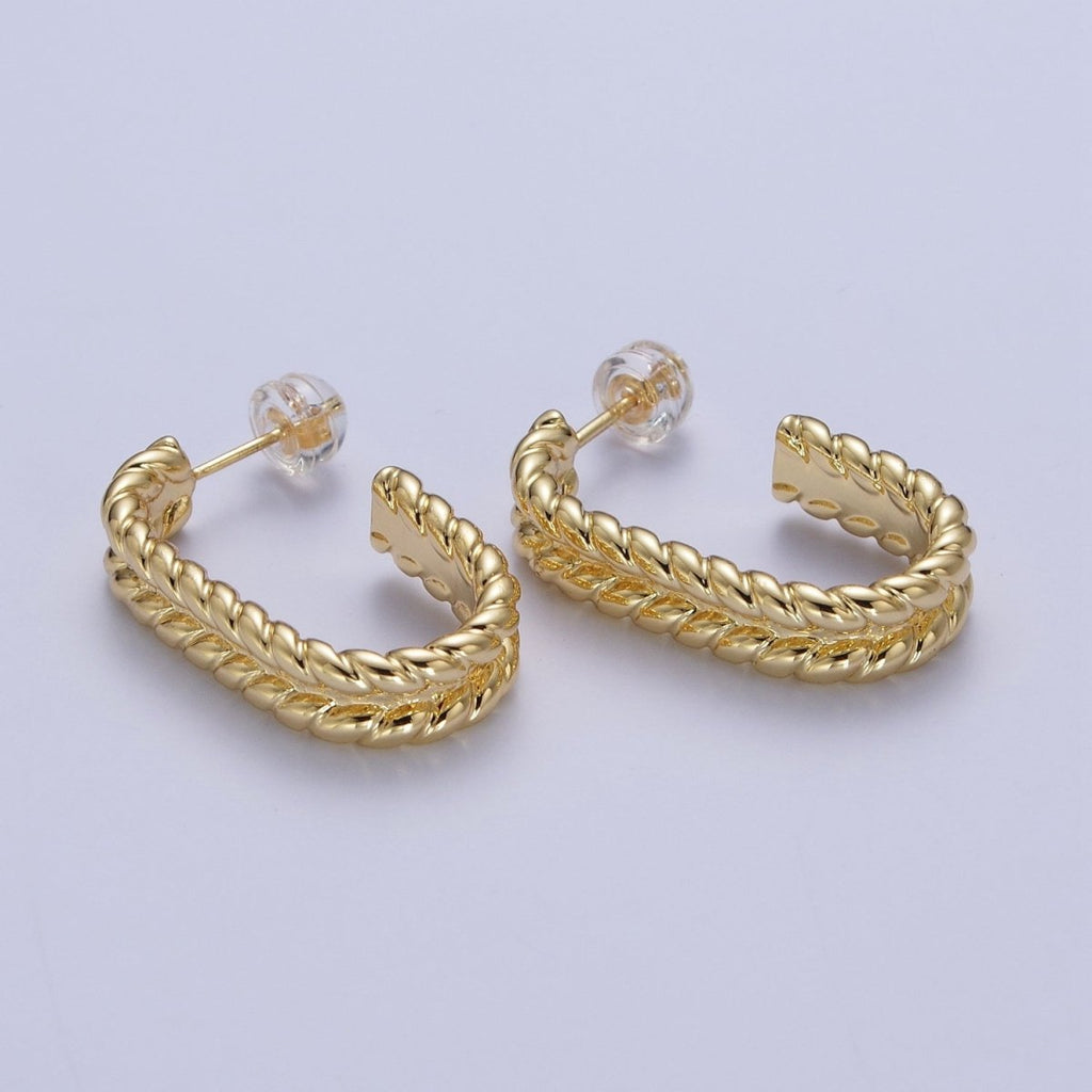Wide Braided Twist Wheat J Shaped Hoop Stud Earrings in Gold & Silver | AD-528 AD-529