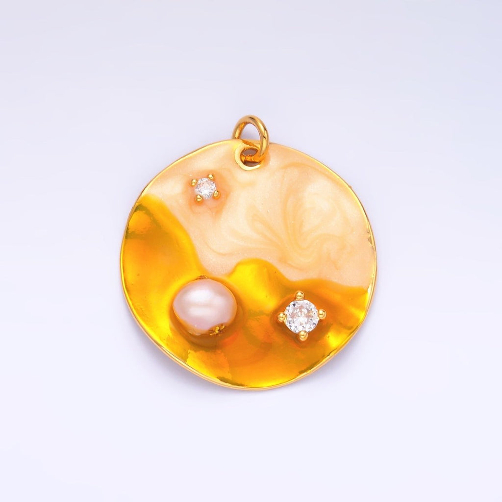 Yellow Gold Coin Charm enamel with pearl beads 24k Gold plated M - 258 