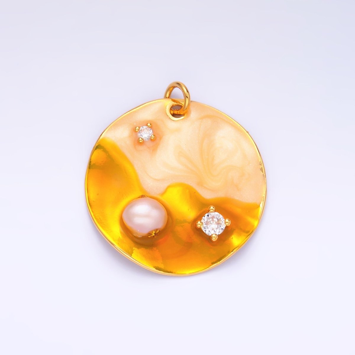 Yellow Gold Coin Charm enamel with pearl beads 24k Gold plated M - 258 