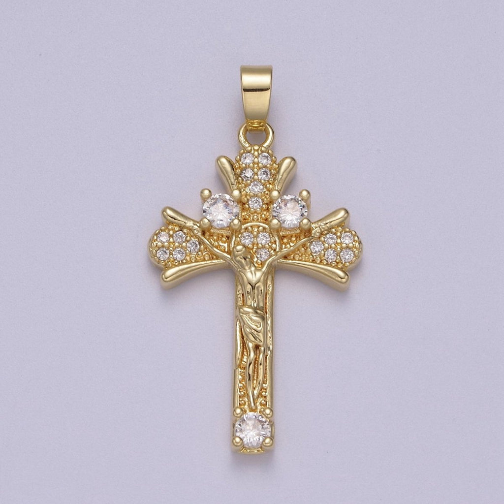 Yellow Gold Jesus Crucifix Micro Pave Gold Crucifix, Cz Cross Pendant, Jesus Christ N-598 - DLUXCA