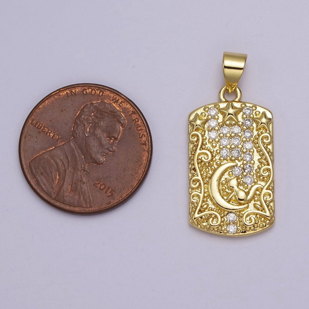 Yellow Gold Tag Pendant Crescent Moon With Cat Charm For Dangle Pendant Necklace J-320 - DLUXCA