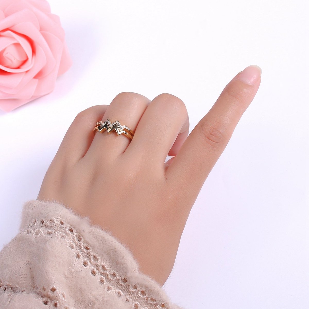 Zig zag stacking Ring Gold, 24K gold plated wave stacking ring, zig zag ring, thin stacking ring gold Open Adjustable U-121 - DLUXCA
